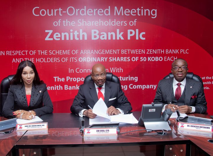 The Founder and Chairman of Zenith Bank Plc, Jim Ovia, CFR (Centre) flanked by the Group Managing Director/Chief Executive, Dr. Ebenezer Onyeagwu (Right) and the Deputy Managing Director, Dame (Dr.) Adaora Umeoji, OON (Left) during a court-ordered Extraordinary General Meeting (EGM) held virtually from the Zenith Heights, Zenith Bank Plc, Victoria Island, Lagos, on Friday.