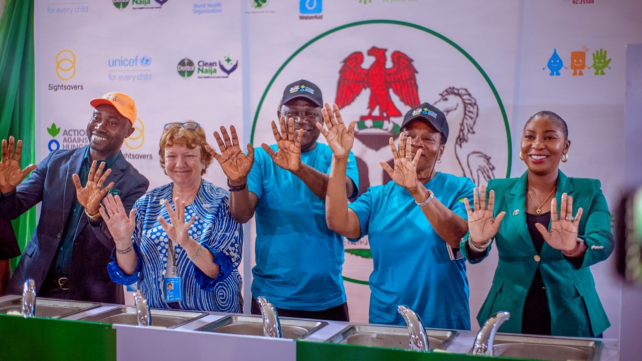 L – R: Representative of the World Health Organization (WHO), Dr. Edwin Isotu Edeh; Chief WASH Nigeria at UNICEF, Dr. Jane Bevan; Permanent Secretary of the Federal Ministry of Water Resources and Sanitation, Mr Richard Pheelangwah representing the Minister of Water Resources and Sanitation, Engr. Professor Joseph Terlumun Utsev; Director and Head of Water Quality Control and Sanitation, Mrs. Elizabeth Ugoh, and Head of External Affairs, Media, and Partnerships, Reckitt Sub-Saharan Africa, Mrs Cassandra Uzo-Ogbugh at the 2024 Global Handwashing Day commemoration in Abuja on 15 October, 2024.