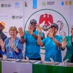 L – R: Representative of the World Health Organization (WHO), Dr. Edwin Isotu Edeh; Chief WASH Nigeria at UNICEF, Dr. Jane Bevan; Permanent Secretary of the Federal Ministry of Water Resources and Sanitation, Mr Richard Pheelangwah representing the Minister of Water Resources and Sanitation, Engr. Professor Joseph Terlumun Utsev; Director and Head of Water Quality Control and Sanitation, Mrs. Elizabeth Ugoh, and Head of External Affairs, Media, and Partnerships, Reckitt Sub-Saharan Africa, Mrs Cassandra Uzo-Ogbugh at the 2024 Global Handwashing Day commemoration in Abuja on 15 October, 2024.