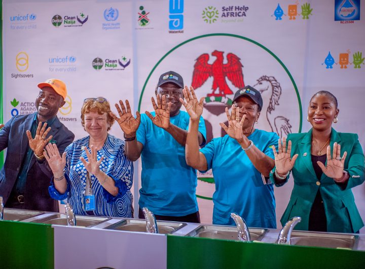 L – R: Representative of the World Health Organization (WHO), Dr. Edwin Isotu Edeh; Chief WASH Nigeria at UNICEF, Dr. Jane Bevan; Permanent Secretary of the Federal Ministry of Water Resources and Sanitation, Mr Richard Pheelangwah representing the Minister of Water Resources and Sanitation, Engr. Professor Joseph Terlumun Utsev; Director and Head of Water Quality Control and Sanitation, Mrs. Elizabeth Ugoh, and Head of External Affairs, Media, and Partnerships, Reckitt Sub-Saharan Africa, Mrs Cassandra Uzo-Ogbugh at the 2024 Global Handwashing Day commemoration in Abuja on 15 October, 2024.