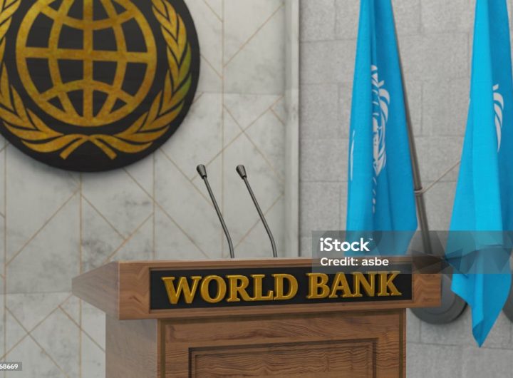 World Bank Press Conference or Speech Concept with Flags in a Row. . 3D Render