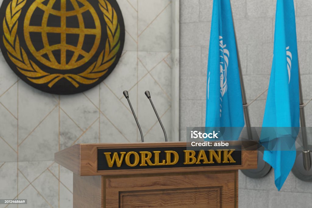 World Bank Press Conference or Speech Concept with Flags in a Row. . 3D Render