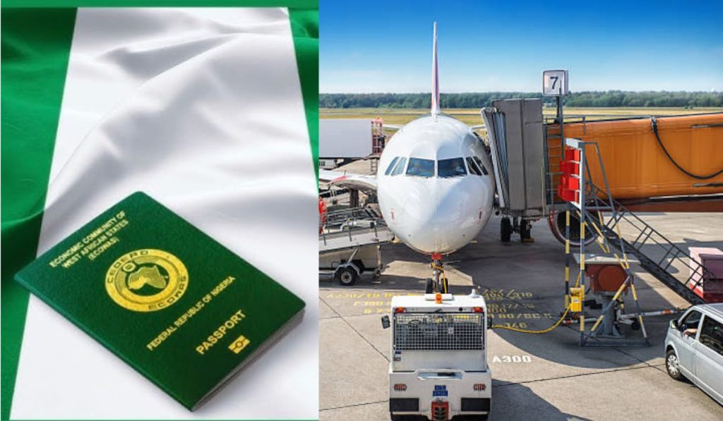 Nigerian passport on Nigerian flag and an aeroplane