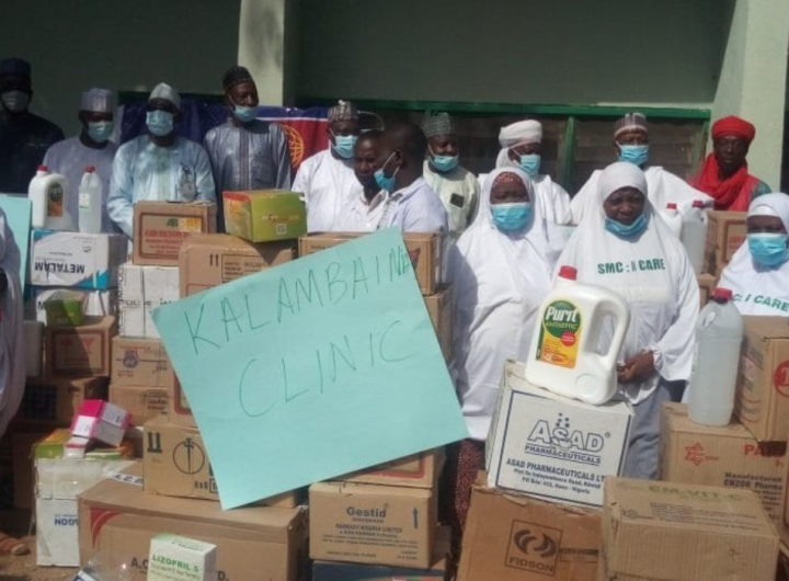 Photo of a group of people with donations