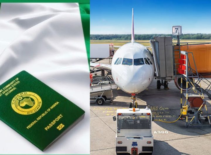 Nigerian passport on Nigerian flag and an aeroplane