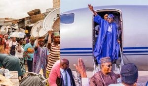 Left frame is a group of nigerians carrying load, while the right frame is President Bola Ahmed Tinubu waving from a plane (1)