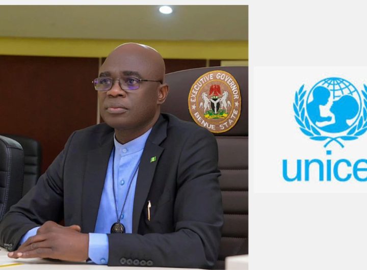 Benue State governor, Hyacinth Alia, and UNICEF logo