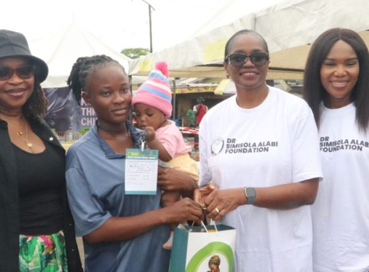From L-R: Permanent Secretary, Lagos State Health Management Agency (LASHMA), Dr. Emmanuella Zamba; Beneficiary, Mrs. Chiamaka John; Special Adviser to the Lagos State Governor on Health, Dr. (Mrs.) Kemi Ogunyemi and the Founder, Dr. Simisola Alabi Foundation, Dr. Simisola Alabi at the Healthy Mothers and Thriving Children Community Outreach Programme sponsored by the Foundation in Partnership with the Lagos State Government at Obalende on Saturday