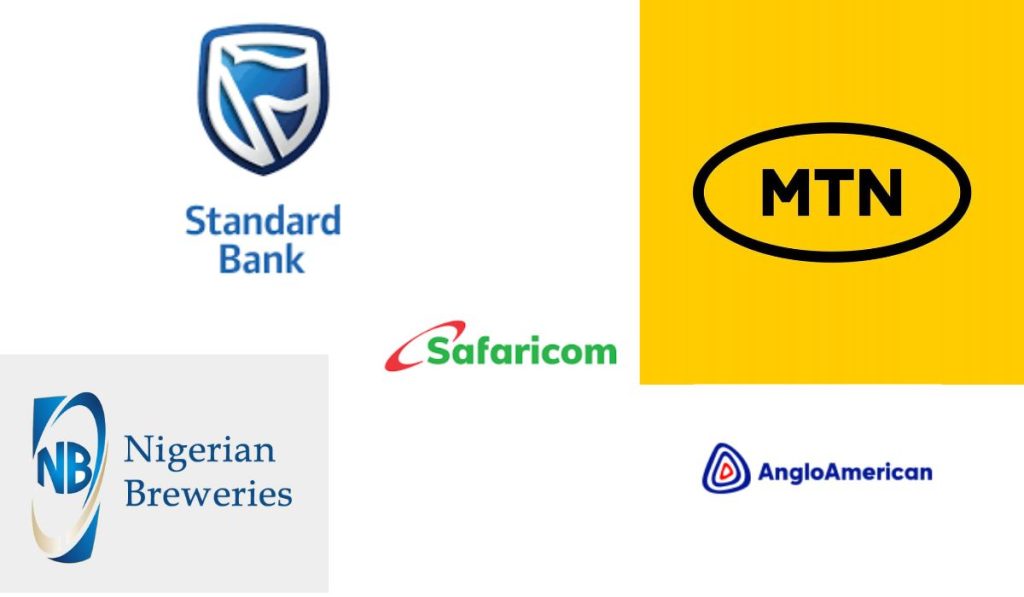 Picture grid of MTN Group, Safaricom, Nigerian Breweries, Standard Bank Group, and Anglo American Logos