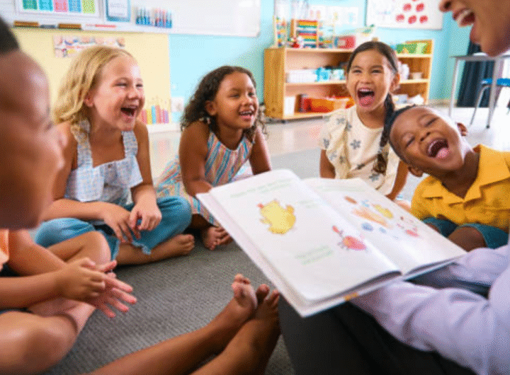 A group of children learning from a teacher some principles of CSR and social responsibility for Children's Day