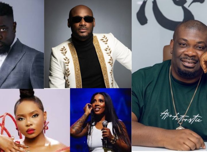 A photo grid of Don Jazzy, Tuface Idibia, Sarkodie and other African celebrities promoting social development