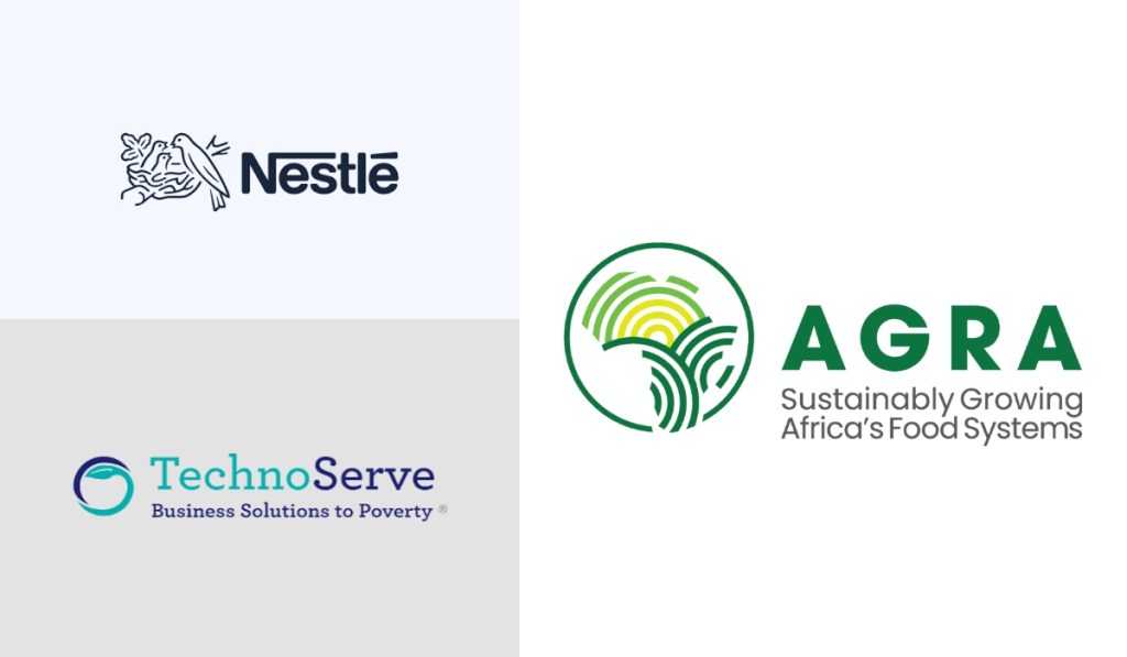 Photo grid of Nestlé, TechnoServe and AGRA logos