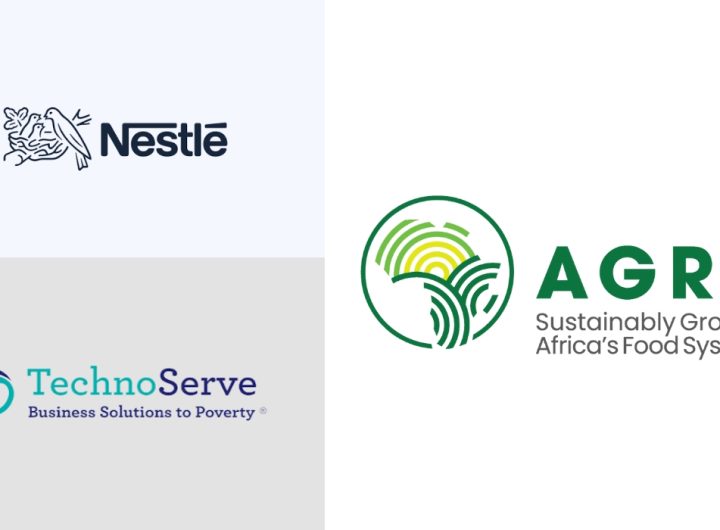 Photo grid of Nestlé, TechnoServe and AGRA logos