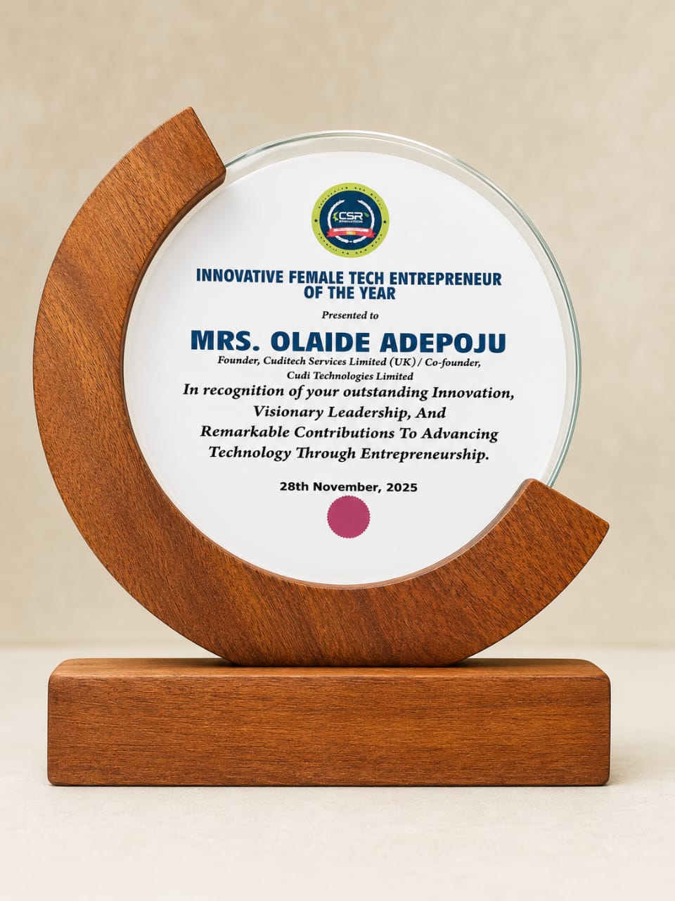 Award for Innovative Female Tech Entrepreneur of the year from SISA