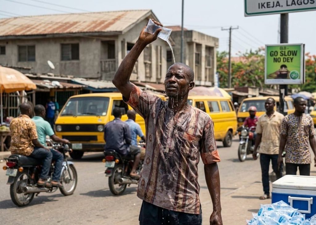 Lagos man pouring water on head under heat wave