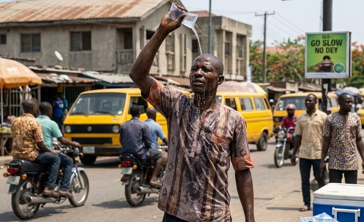 Lagos man pouring water on head under heat wave
