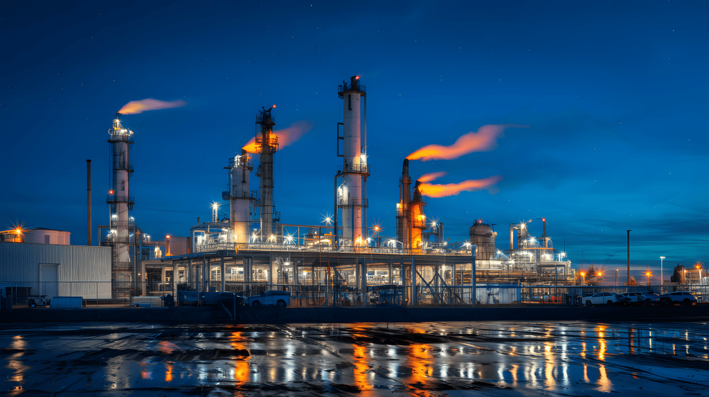 Crude Oil Refinery at night showing gas flaring