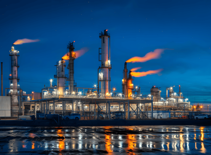 Crude Oil Refinery at night showing gas flaring
