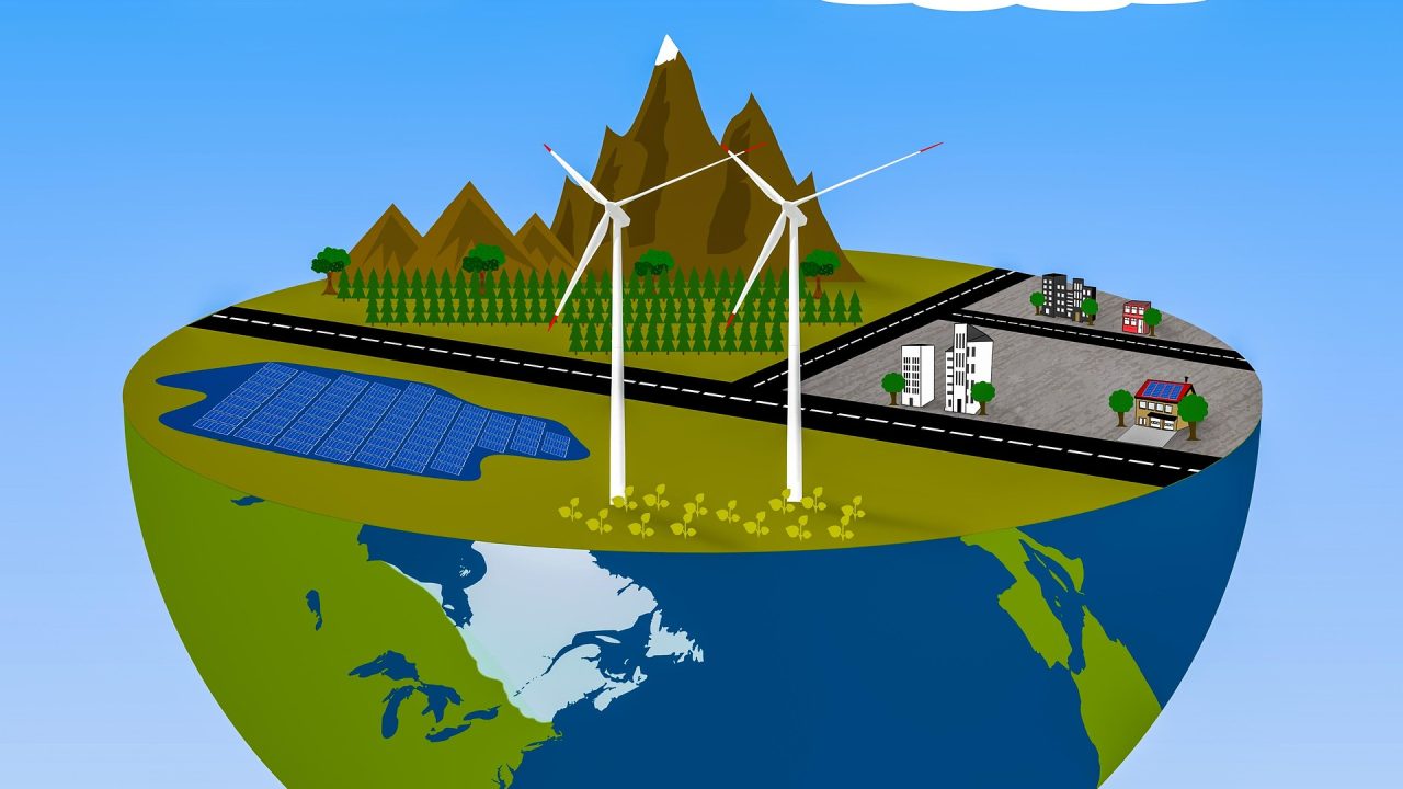 Renewable energy illustration of houses solar panels and wind turbines