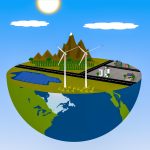 Renewable energy illustration of houses solar panels and wind turbines