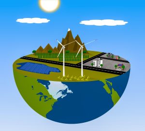 Renewable energy illustration of houses solar panels and wind turbines