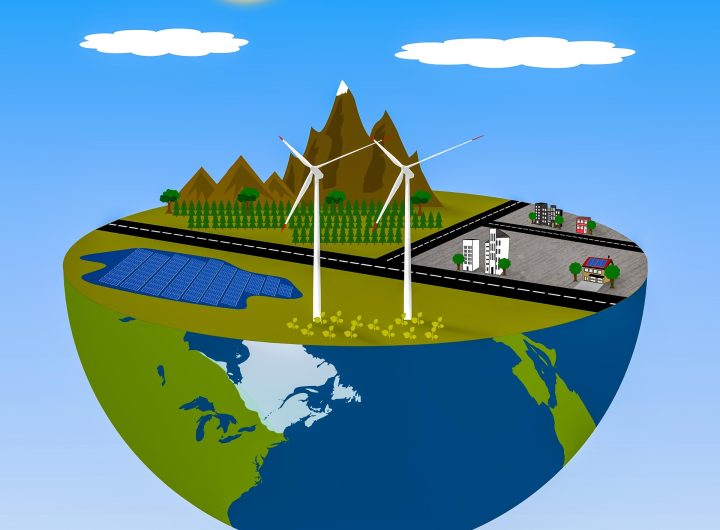Renewable energy illustration of houses solar panels and wind turbines