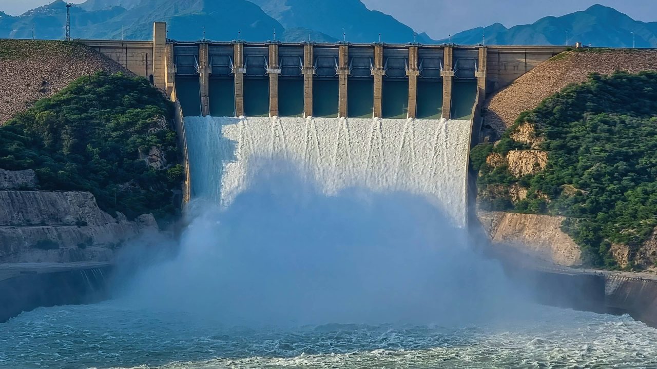 Dam with water flowing