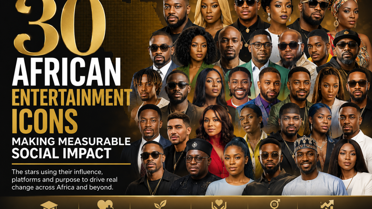 30 African entertainment icons using influence, philanthropy, and advocacy to drive measurable social impact across health, education, youth, and climate.