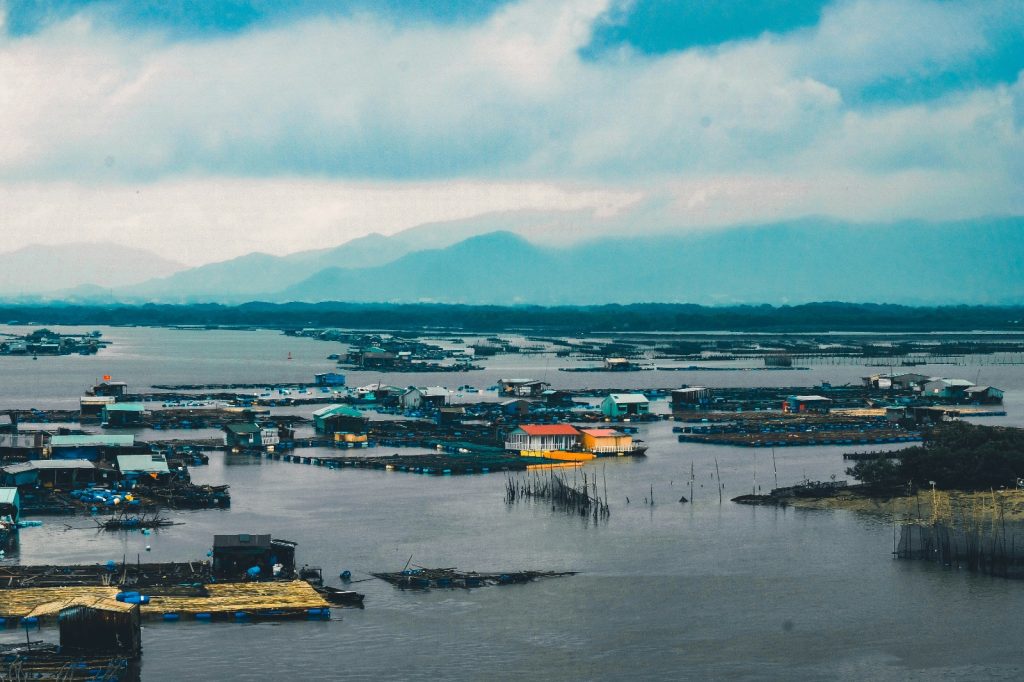 Submerged buildings in a flood