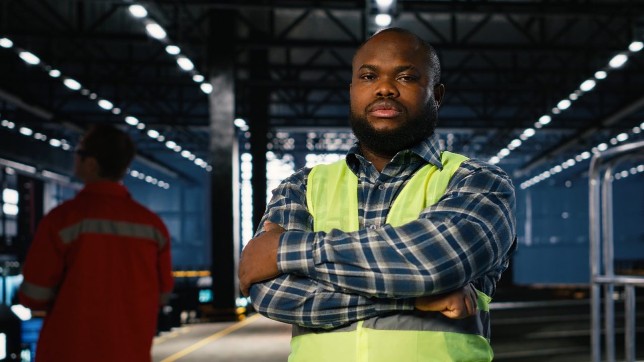 Nigerian male worker not smiling