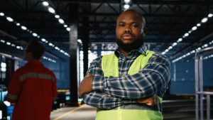 Nigerian male worker not smiling