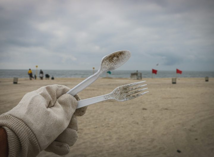 Volunteer holding up waste from beach