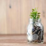 Green Economy bottle with coins and a plant growing out of it.