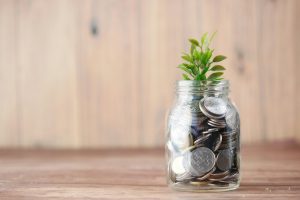 Green Economy bottle with coins and a plant growing out of it.